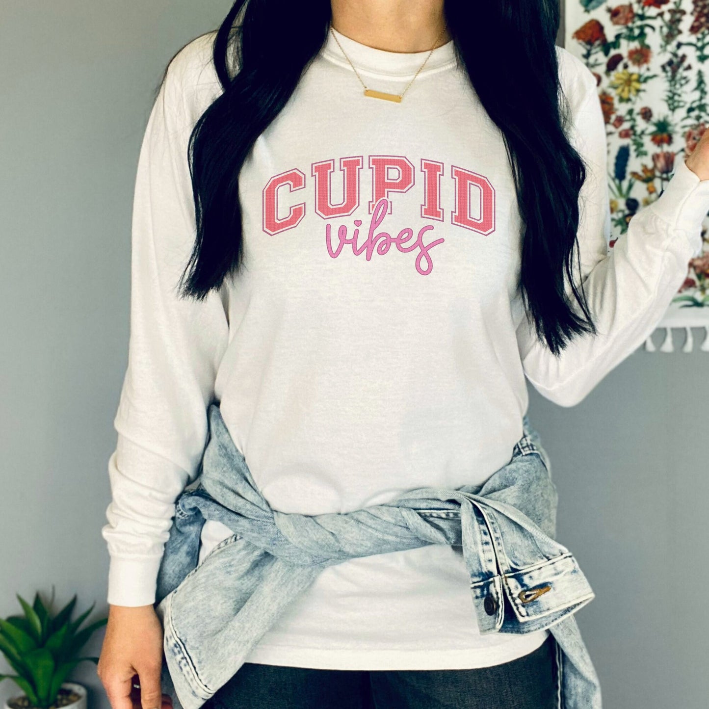 Cupid Vibes Collegiate Long Sleeve Crewneck Valentines Day Shirt